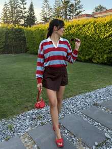 ZAHM Women's Loose Cropped Color Block Long-Sleeve Knit Top With Red, White And Blue Striped Polo Collar - Multicolor - View 5