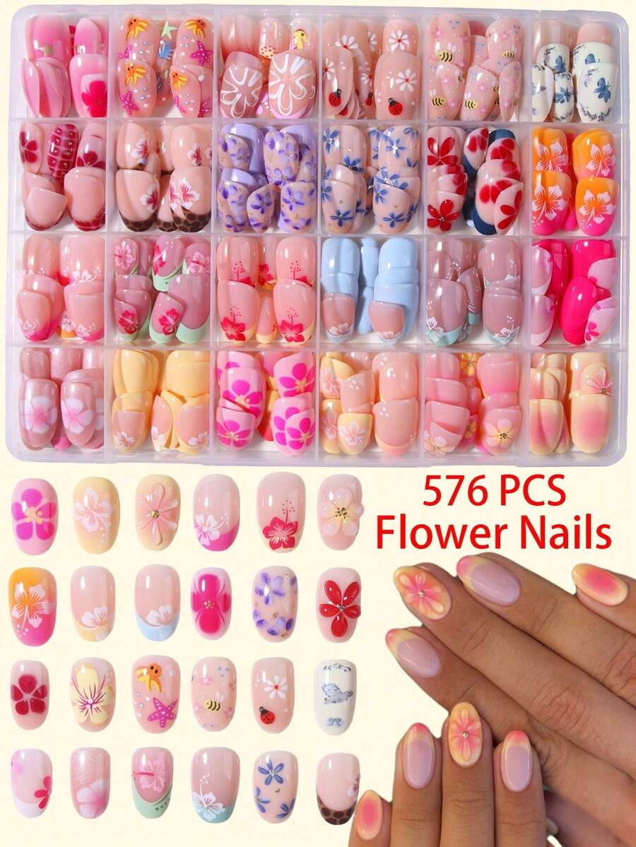 1 Box Short Oval 3D Gel Press-On Nails, French Short Nail Style, Designed For Short Nails, Perfect For Summer Vibes - Multicolor - View 1