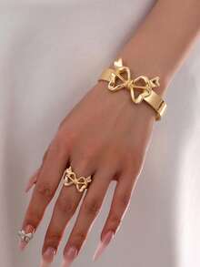 1 Set Fashionable Chic Gold Bow Bracelet & Ring Jewelry Set, Suitable For Women's Daily Wear And Party Gift Accessory - Gold - View 6