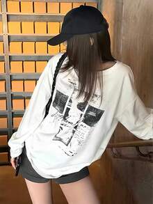 Women's Round Neck Long Sleeve T-Shirt, Spring/Autumn New Graphic & Letter Print, Fashion Casual Versatile Loose Fit Top - White - View 2