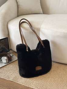 Yogodlns New Women's Large Capacity Furry Tote Bag Commute Shoulder Underarm Bag Soft Plush Winter Daily Bucket Handbags - Black - View 6