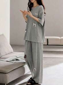 2pcs/Set Women's Pajamas Loungewear Set, Cute Puppy Pattern Simple Pullover Round Neck Short Sleeve Long Pants, Easy Care Fabric - Grey - View 9