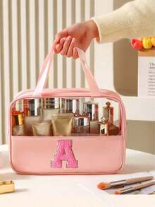1pc Pink PU Leather Transparent Toiletry Bag, Portable Chenille Letter Storage Bag With Embroidered Letters, Makeup Bag, Wash Bag, Travel Bag, Bathroom Accessory, Suitable For Home, Outdoor, Daily Use. - Multicolor - View 7