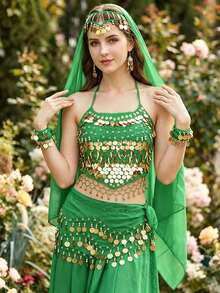 Coin Dangle Forehead Headscarf + Wrist Cuffs + Chest Ornament + Hip Decor, Multi-Scenario Body Decor For Belly Dance Halloween Cosplay Desert Travel Theme Party (Multiple Colors Available) - Multicolor - View 10