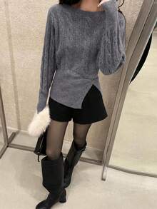 Women's Solid Color Cable Knit Split Hem Crew Neck Long Sleeve Sweater Base Layer For Winter - Grey - View 6