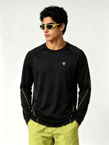 veidoorn Men's Loose-Fit Long-Sleeve T-Shirt With Printed Lettering And Line Design, For Casual Wear During Workouts, Outdoor Activities, Hiking - Black - View 2