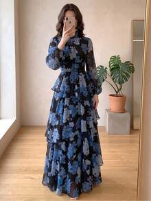 Women's Floral Print Stand Collar Lantern Sleeve Ruffle Hem Maxi Elegant Dress - Black - View 2