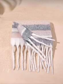 1pc Women's Fashion Korean Style Plaid Scarf, Autumn/Winter Warm Fashion Tassel Student Scarf, Thick Long Scarf, Couple Shawl - Khaki - View 2