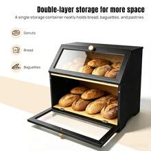 2 Tier Bamboo Bread Box For Kitchen Counter Double Layer Wooden Bread Bin With Transparent Window Magnetic Lock For Home Bakery - View 9