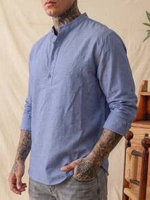 glestore Men's Vintage Oxford Cotton-Feel Long Sleeve Shirt, Fashionable Casual Versatile, Suitable For Commuting And Vacation - Blue - View 5