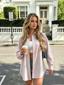 Pink Striped Plus Size Casual Commuter Shirt, Women's Loose Soft Summer Outerwear, Versatile Daily Outfit, Suitable For Back To School And Teacher Workwear - Multicolor - View 1
