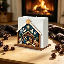 Christmas Nativity Scene Wooden Napkin Holder, Holy Family Angel And Farm Animal Pattern Paper Towel Holder, Winter Holiday Kitchen Table Decor, Christmas Tabletop Napkin Organizer (Paper Towels Not Included) - Multicolor - View 2