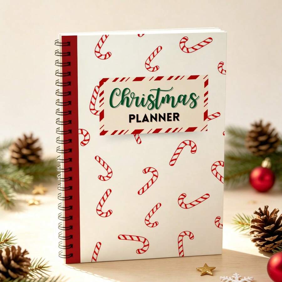 1Pc A5 Christmas Planner Journal, Spiral Bound Notebook, Festive Candy Cane Pattern, Seasonal Organizer For Home & Office - A5 - View 1