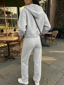 Plus Size Women Loose Comfortable Casual White Sports Fleece 2 Pieces Set, Including Zip-Up Hoodie Sweatshirt Jacket And Straight Leg Pants, Suitable For Daily Warm Wear - Light Grey - View 9
