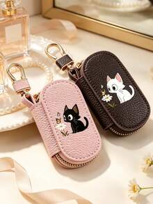 Black Cat Cartoon Cute Key Pouch, Cartoon Cute Car Remote Key Bag, Matching Cat Pendant, Zipper Closure, Unisex Multi-Function Car Key Storage Bag, Portable Coin Purse, Pendant Wrist Strap Keychain, Solid Color Minimalist Lychee Texture Women's Lychee Texture Key Bag, Universal Car Key Bag, Large Capacity Lightweight Home Key Bag, Ideal Gift For Cat Lovers, Can Be Used As Birthday Gift, Graduation Gift - Multicolor - View 9