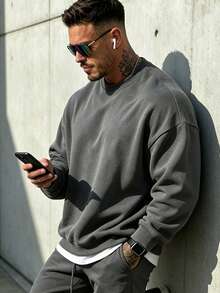 Men's Solid Color Drop Shoulder Long Sleeve Casual Crew Neck Sweatshirt, Autumn/Winter, Back To School - Dark Grey - View 1