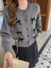 Áo cardigan len dệt kim dáng rộng tay dài cổ tròn, đính nơ, cài nút đơn, màu trơn cho mùa Thu/Đông - Bụi tím - Xem 3