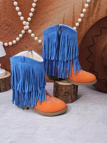 Girls' Children's Short Mid-Calf Boots, Glitter Embroidered Tassel High Heel Western Boots, Color Block Round Toe Side Zipper - Orange - View 6