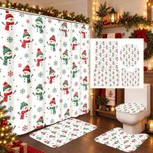 1pc/4pcs Cartoon Scarf Snowman Pattern Multifunctional Bathroom Decor Shower Curtain Set, Free 12 Hooks, Premium Holiday Atmosphere, Bathroom Mat, U-Shaped Rug And Round Toilet Lid Cover, Suitable For All Occasions, Bathroom Set - Cartoon Snowman Scarf - View 1