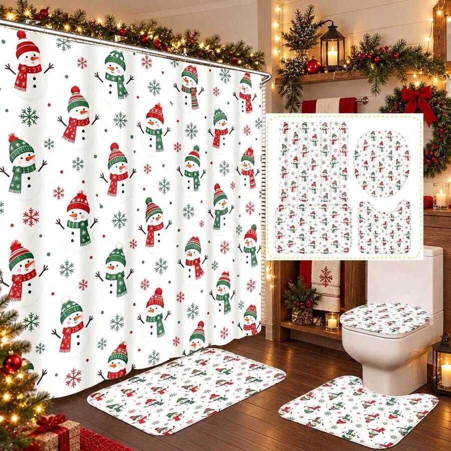 1pc/4pcs Cartoon Scarf Snowman Pattern Multifunctional Bathroom Decor Shower Curtain Set, Free 12 Hooks, Premium Holiday Atmosphere, Bathroom Mat, U-Shaped Rug And Round Toilet Lid Cover, Suitable For All Occasions, Bathroom Set - Cartoon Snowman Scarf - View 1