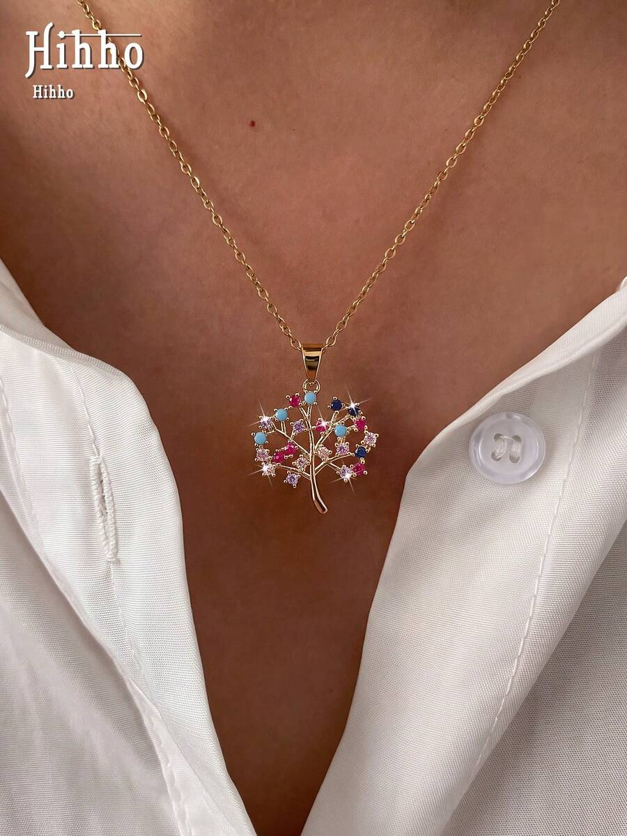 Hihho 1pc Tree Of Life Colorful Zirconia Necklace For Women, Gold Lucky Tree Pendant, Luxury Versatile Daily Collarbone Chain Gift (Random Color Zirconia) - Tree Of Life - View 1