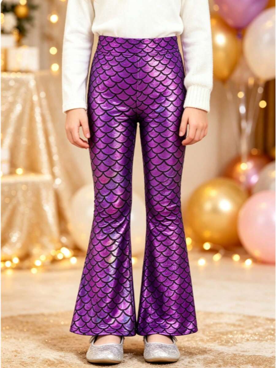 Girls' Halloween Fish Scale Flare Pants, High Waist Wide Leg Trousers For Toddlers And Young Children, Scale Print Long Pants For Party, Holiday Gift, Fashionable And Comfortable - Purple - View 1