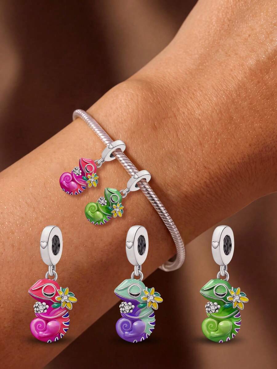 1pc Fashionable Delicate Gentle Flower Chameleon Beaded Pendant, Suitable For DIY Making Bracelets, Necklaces And Other Jewelry, Perfect Gift For Women - Silver - View 1