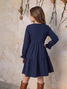 Tween Girls Tween Girl Autumn/Winter Deep Blue Patchwork Contrast Color Ruffle Vintage Cinched Waist A-Line Pastoral Vacation Casual Versatile Dress - Royal Blue - View 2