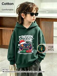 Kids Cute Long Sleeve Hoodie With Game Controller Christmas Graphic Print Casual Drawstring Pullover - Dark Green - View 3