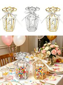 Transparent Gold Foil Floral Pattern Gift Box (Vase Shape), Party Gift Box, PVC Party Gift Box, Chocolate Packaging Box, Wedding Candy Box, Birthday Party Gift Box, Creative Handheld Gift Box; Suitable For Wedding, Christmas, New Year Party Gift Packaging; Decorated With Ribbon And Bead Accents; Suitable For Pre-Wedding Party And Various Celebration Events. - View 7