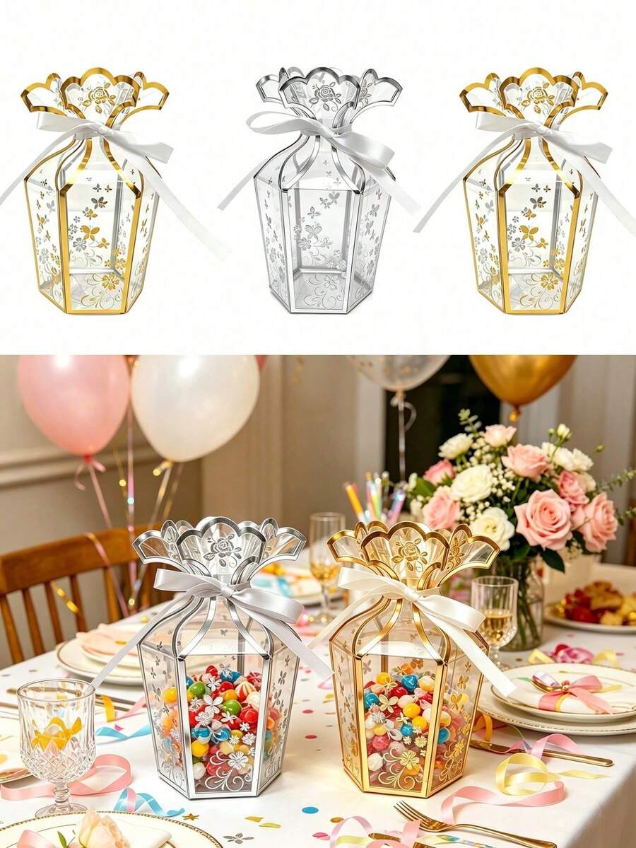 Transparent Gold Foil Floral Pattern Gift Box (Vase Shape), Party Gift Box, PVC Party Gift Box, Chocolate Packaging Box, Wedding Candy Box, Birthday Party Gift Box, Creative Handheld Gift Box; Suitable For Wedding, Christmas, New Year Party Gift Packaging; Decorated With Ribbon And Bead Accents; Suitable For Pre-Wedding Party And Various Celebration Events. - View 1