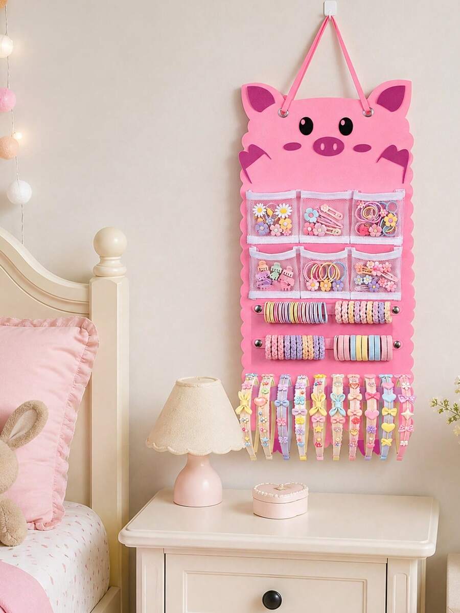 1pc Pink Pig Shaped Hanging Storage Bag, Multi-Functional Hair Accessory Organizer, Can Store Hair Clips, Hair Ties And Glasses, Combines Hanging Storage Box And Storage Bag Functions, Suitable For Room Decor, Home Decor, Wardrobe And Dorm - Piggy - View 1