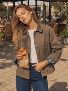 Women's Autumn Elegant Casual Brown Button-Front Plaid Cuff Lined Long Sleeve Short Jacket, Suitable For Vacation, Office, Outings - Dark Khaki - View 5