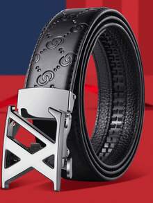 Men Black Embossed Ratchet Belt, Hollow X Shaped Metal Buckle, Classic Pattern Strap For Formal & Daily Outfits - Multicolor - View 5
