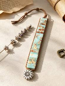1pc Boho Braided Leather Bracelet, Adjustable Natural Stone Beaded With Flower Charm Clasp, Women's Daily Beach Vacation Jewelry Gift - Flower Buckle - View 3