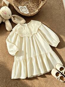 bearleader Girls' Vintage Embroidered Lace Asymmetrical Large Collar Long Sleeve Dress, Casual Style, 3-7 Years Old - Beige - View 1