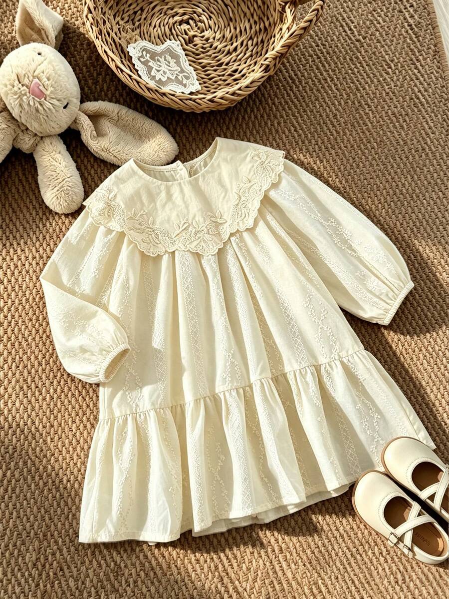 bearleader Girls' Vintage Embroidered Lace Asymmetrical Large Collar Long Sleeve Dress, Casual Style, 3-7 Years Old - Beige - View 1