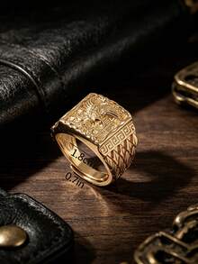1pc Wide Band Embossed Eagle Men's Ring, Vintage Textured Open Adjustable Ring, Suitable For Daily Casual Wear - Gold - View 4