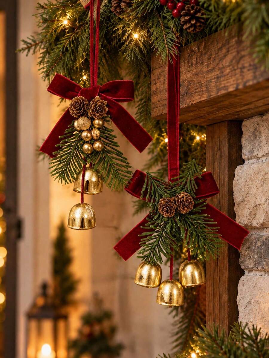 10PCS/5pcs Velvet Bow Pinecone Bell Accessories Christmas Tree Pendant Suitable For Christmas Home Decor, Room Decoration, Door Handle Decoration, Living Room Hanging Decor, Christmas Tree Decorative Hanging