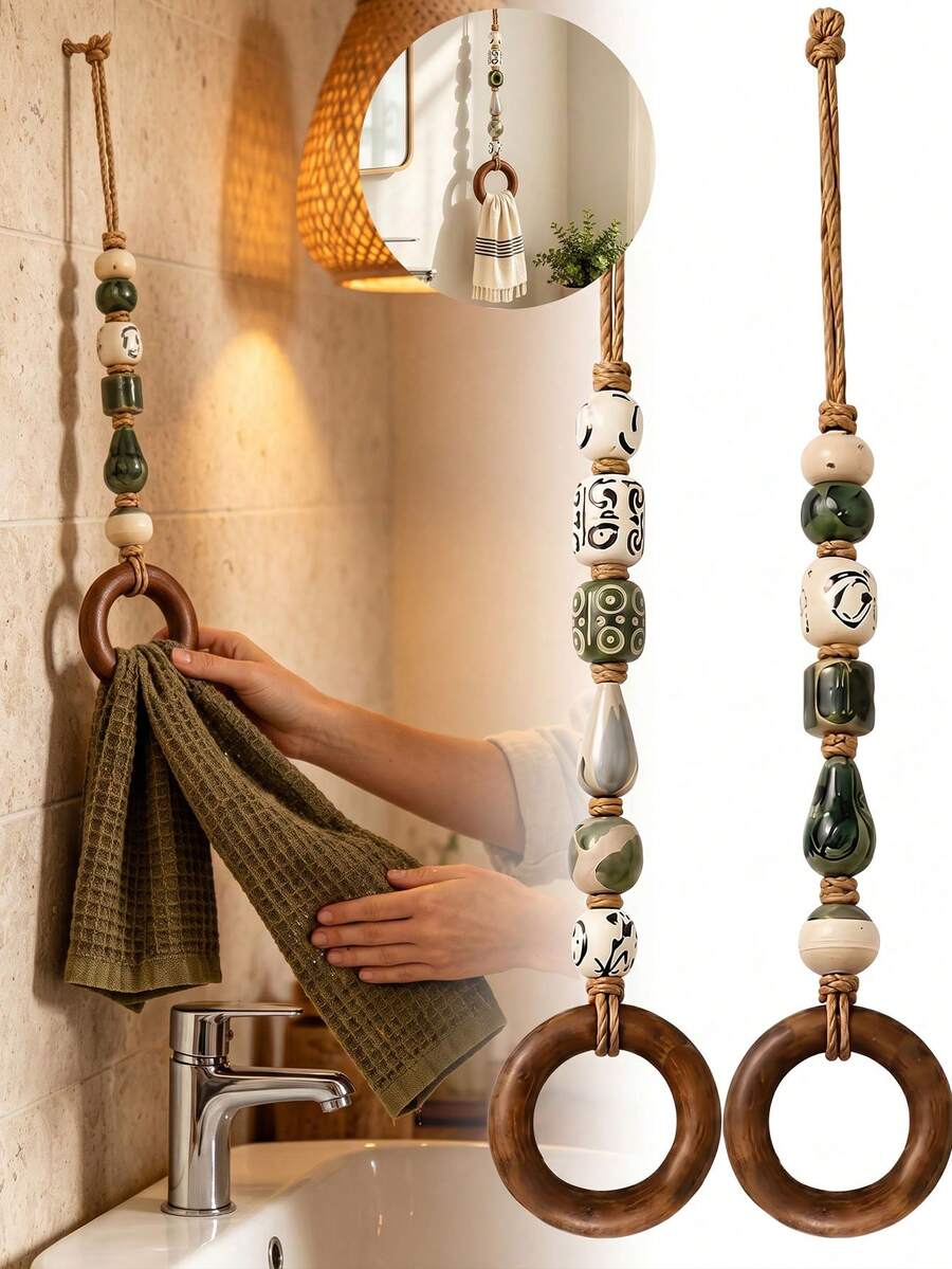 1pc Decorative Beaded Towel Rack With Ring - Vintage Beaded Hanging Rack, Bathroom And Kitchen Decorative Hand Towel Holder, Vintage Country Style Gift - Multiple Styles - View 1