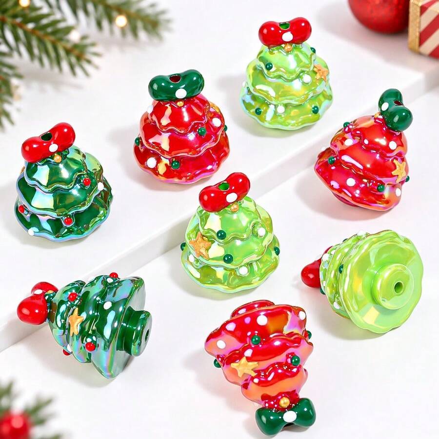 3/6pcs Christmas Tree Acrylic Beads, 28X34mm Iridescent AB Star & Bow Print Spacer Beads For DIY Jewelry Making Bracelets Keychains Holiday Crafts - Random Color - View 1