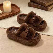 Women Fuzzy House Slippers, Plush Open‑Toe Slides With Metal Buckle, Thick Sole Warm Indoor Home Slippers For Fall Winter - Coffee - View 8