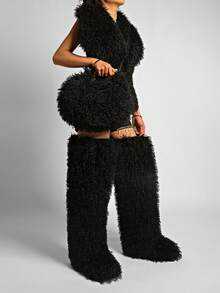 Women's Top Handle Handbag,Solid Color,Curly Faux Fur, Golden Metal Ring & Detachable Strap,Crossbody & Handheld,Luxury Fluffy Style,Party Daily Use - Black - View 5