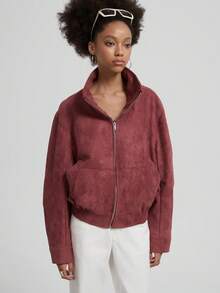 Se-Helo Women's Autumn/Winter Burgundy Turn-Down Collar Zipper Dropped Shoulder Ribbed Hem Loose Short Jacket - Burgundy - View 8