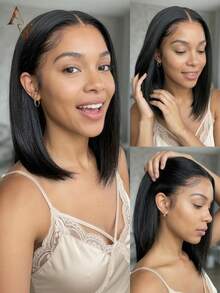 ARABELLA Silky Straight 100% Human Hair 13x6 Glueless Lace Frontal Wig Natural Black Breathable Cap With Drawstring Pre-Cut Lace Pre-Plucked Pre-Bleached Parting Free Beginner Friendly Wig - SNatural - View 3
