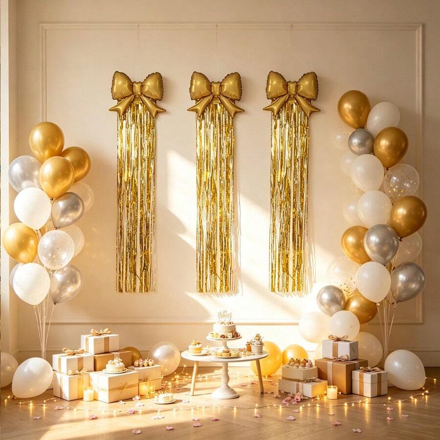 4pcs Gold Bow Balloons & Ribbon Set, Suitable For Birthday Party Background Decoration, Adult Ceremony, Anniversary Celebration, Photo Backdrop, Wedding Party Decoration, Indoor & Outdoor Party Supplies - Multicolor - View 1