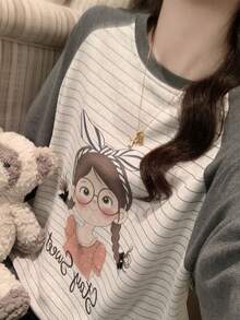 2pcs/Set Women's Spring/Autumn/Winter Casual Cartoon Sweat-Absorbent Breathable Round Neck Long Sleeve Long Pants Pajamas Homewear - Grey - View 5