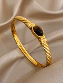 1Pc Retro Twisted Rope Oval Tiger Eye Stone Stainless Steel Bangle Bracelet,Gold Jewelry For Women,Daily,Party,Boho,Y2K,Christmas Gift,Halloween/Fall - Multicolor - View 7