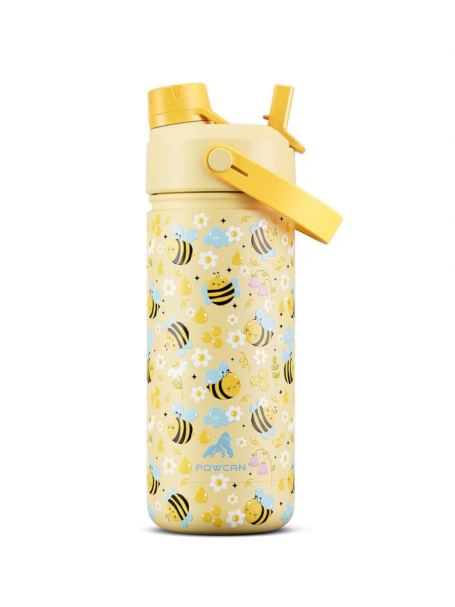Powcan 18oz Insulated Water Bottle With A 2-In-1 Straw And Lid, Keeps Cold Drinks Cold For 24 Hours, Leak-Proof, Fits In Car Cup Holders, Stainless Steel, Perfect For Sports, Travel, And School (Bee Series) - Pale Yellow Lily Of the Valley Bee - View 1