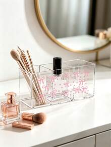 Organizer Meja & Rias Akrilik Plastik Pita Merah Muda dengan Kotak Penyimpanan 3 Kompartemen - Tempat Kuas Makeup Lucu, Rak Hemat Ruang Ringkas Cocok untuk Kamar Mandi, Kantor, Meja Rias - Mudah Dirakit, Organizer Parfum - MultiWarna - View 2